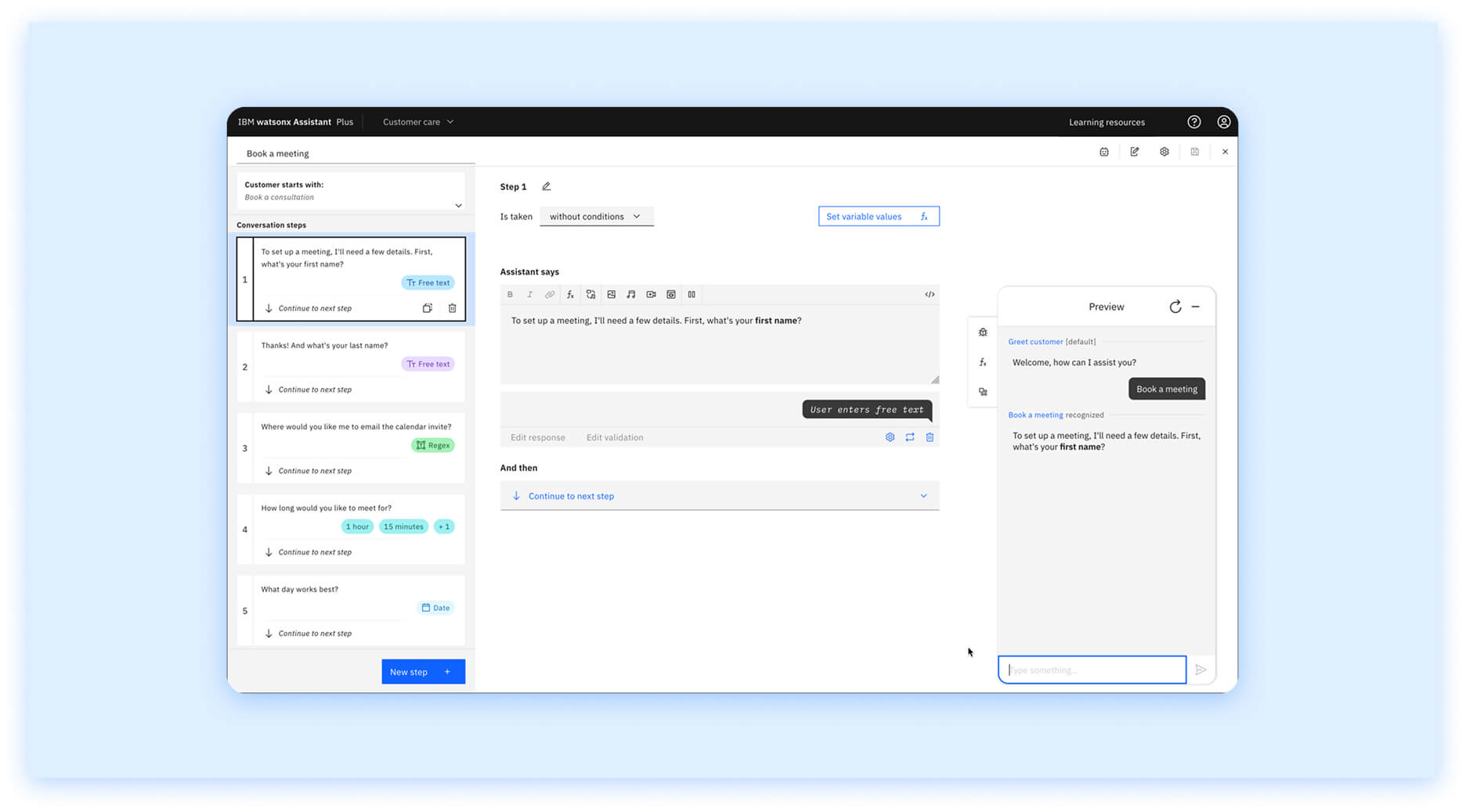 IBM watsonx Assistant interface showing a chatbot flow builder for booking meetings, with editable conversation steps and live preview.