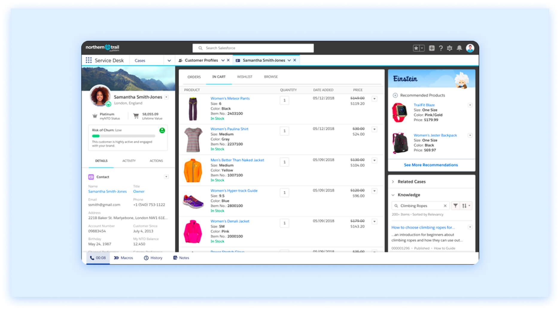 Salesforce customer profile dashboard displaying purchase history, cart items, and personalized product recommendations via Einstein AI.