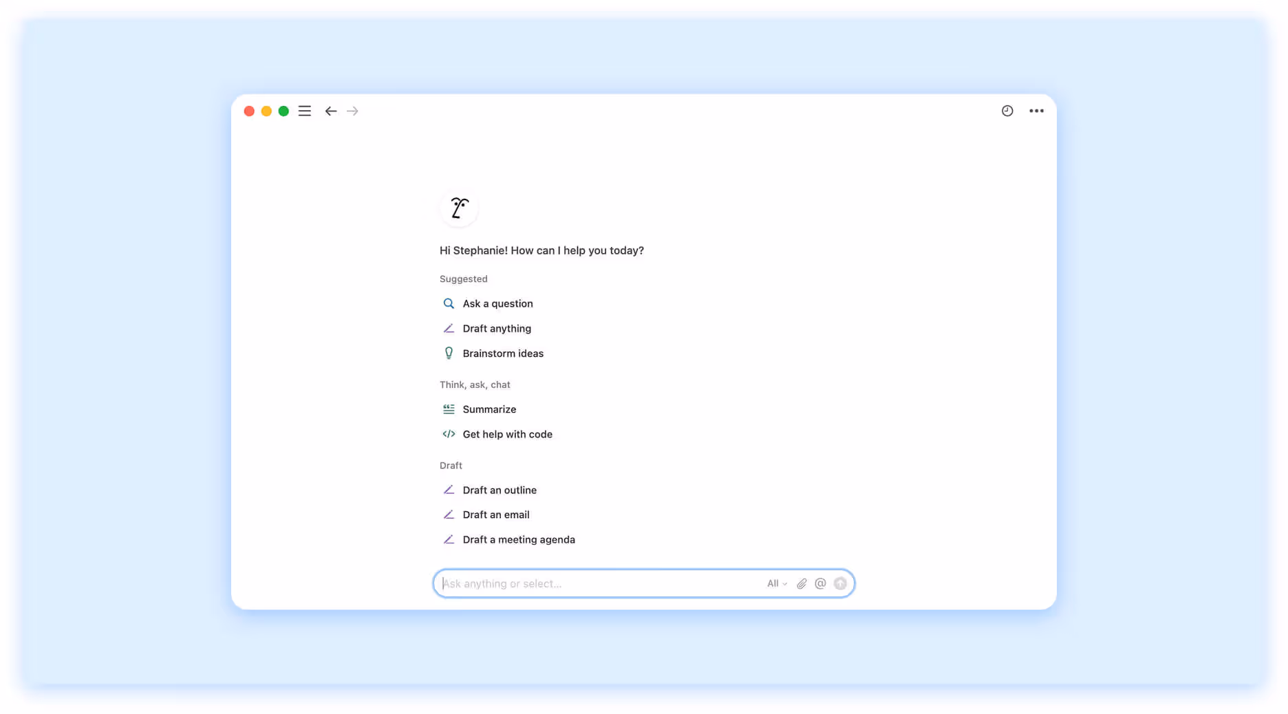 Grammarly AI assistant interface showing a personalized greeting and options to ask questions, draft content, brainstorm ideas, summarize, or get coding help.