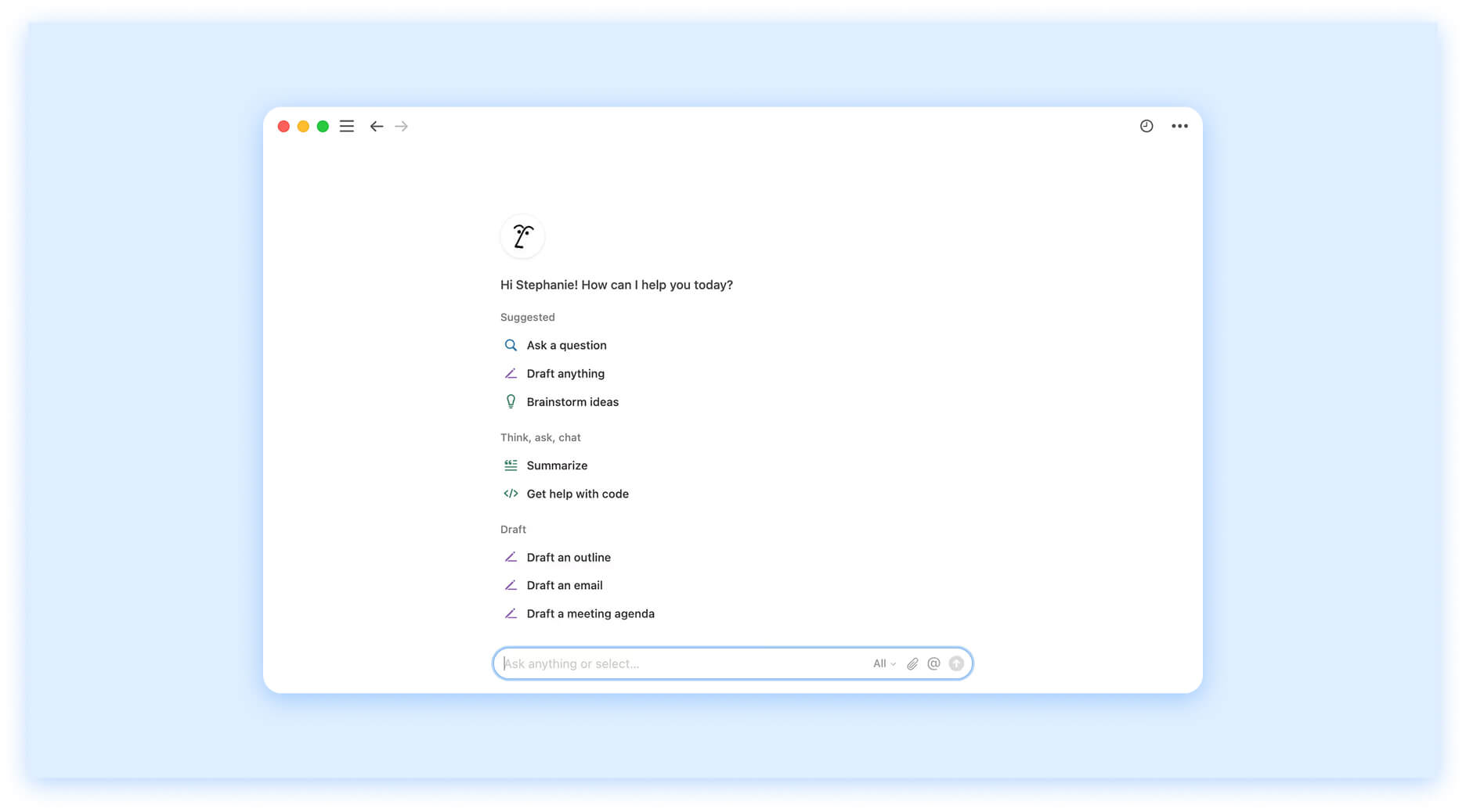 Grammarly AI assistant interface showing a personalized greeting and options to ask questions, draft content, brainstorm ideas, summarize, or get coding help.