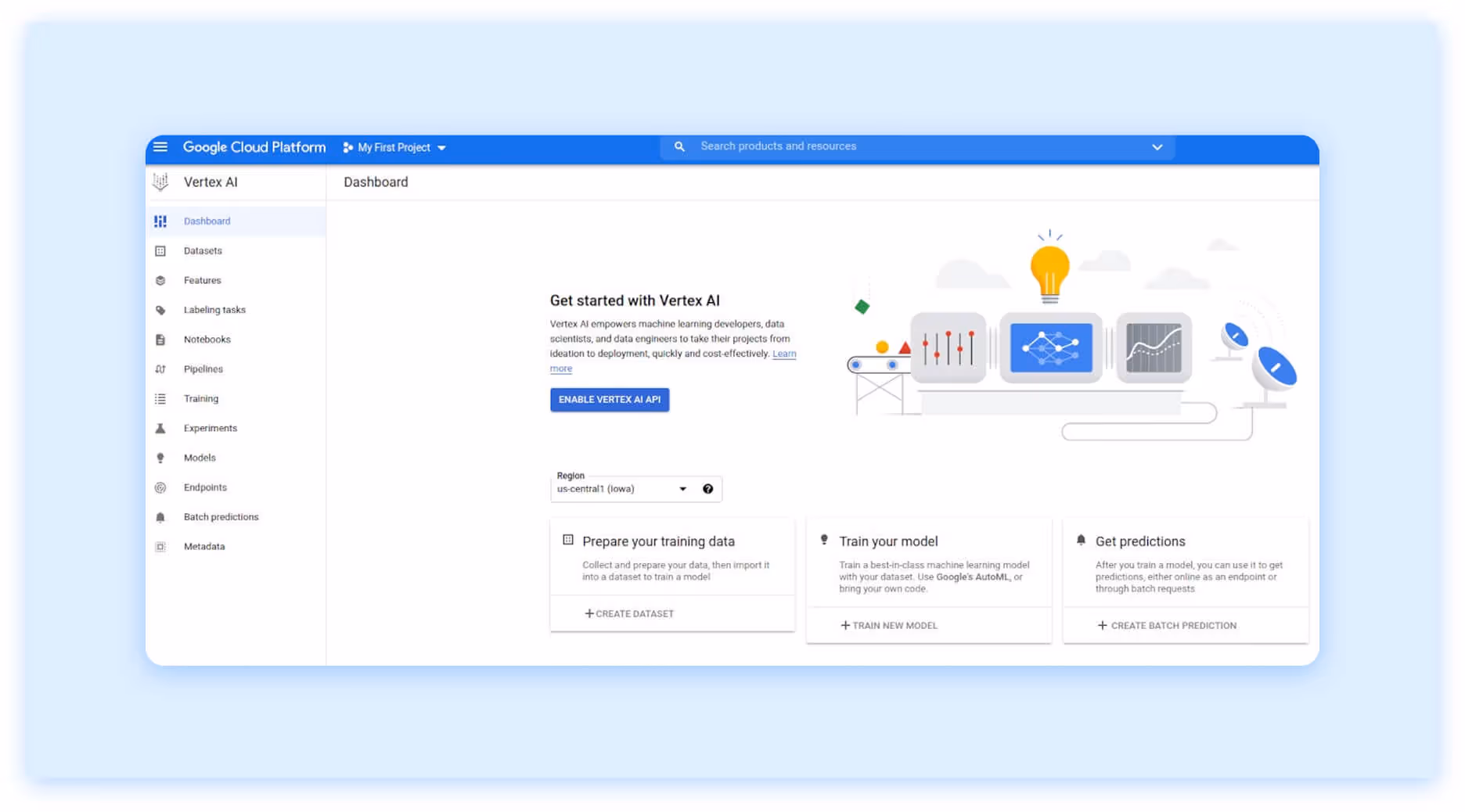 Vertex AI dashboard with options to create datasets, train models, and get predictions.