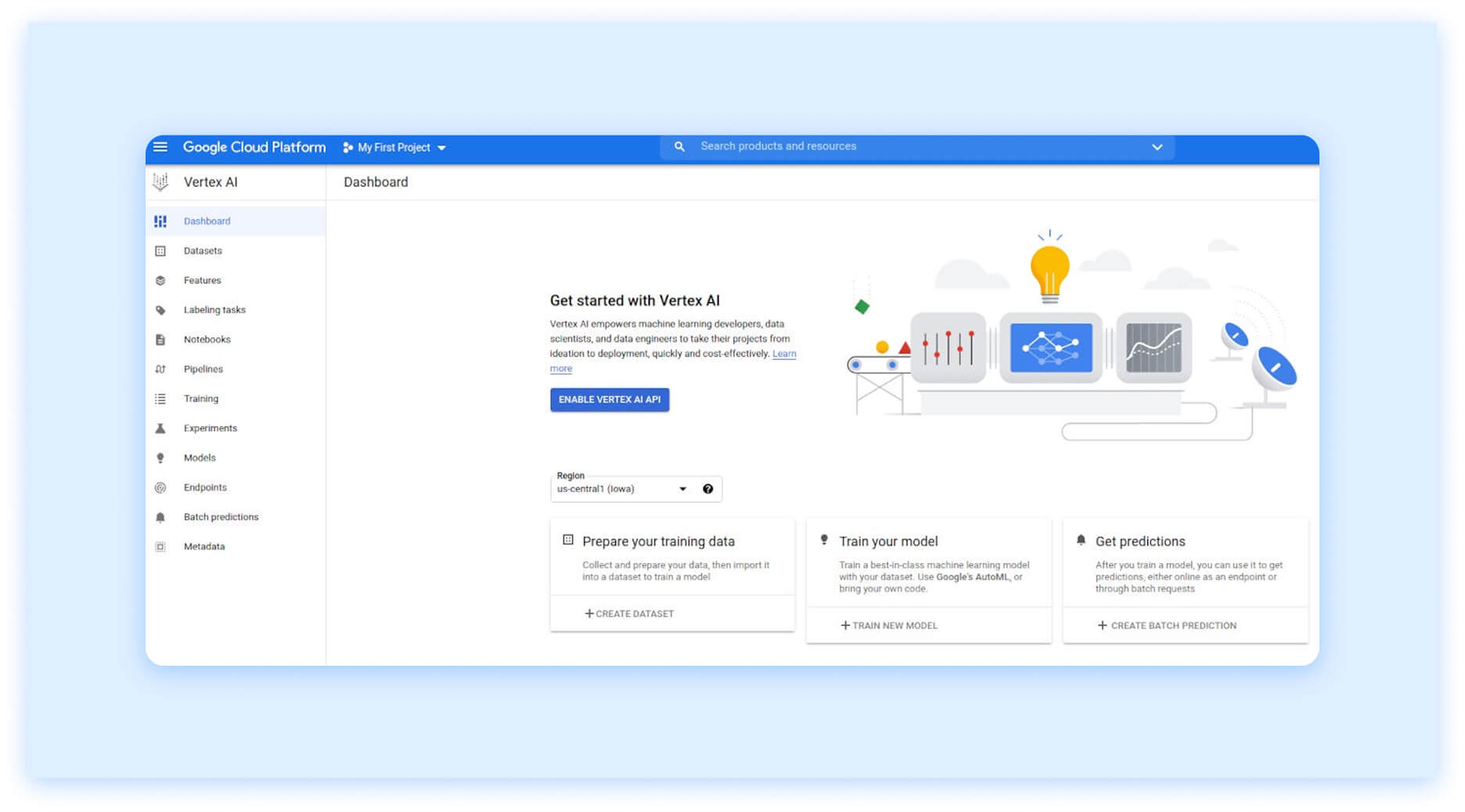 Vertex AI dashboard with options to create datasets, train models, and get predictions.