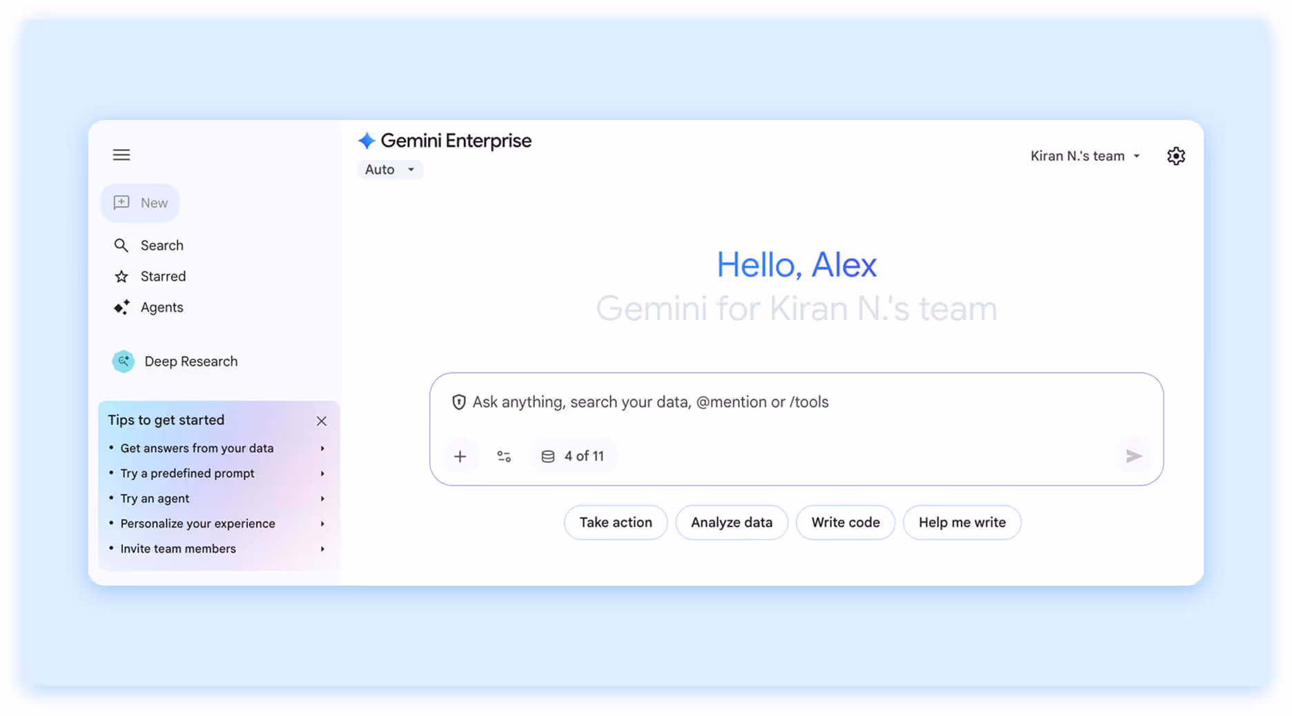 Gemini Enterprise interface with greeting, prompt bar, and quick action buttons.