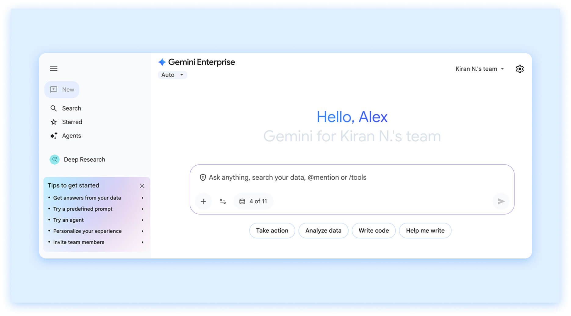Gemini Enterprise interface with greeting, prompt bar, and quick action buttons.