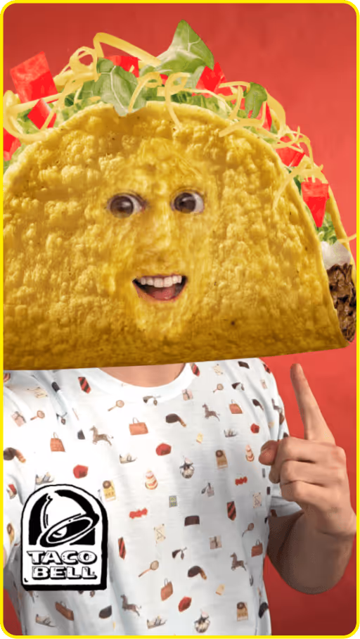 Person with a taco head filter wearing food print shirt and Taco Bell logo
