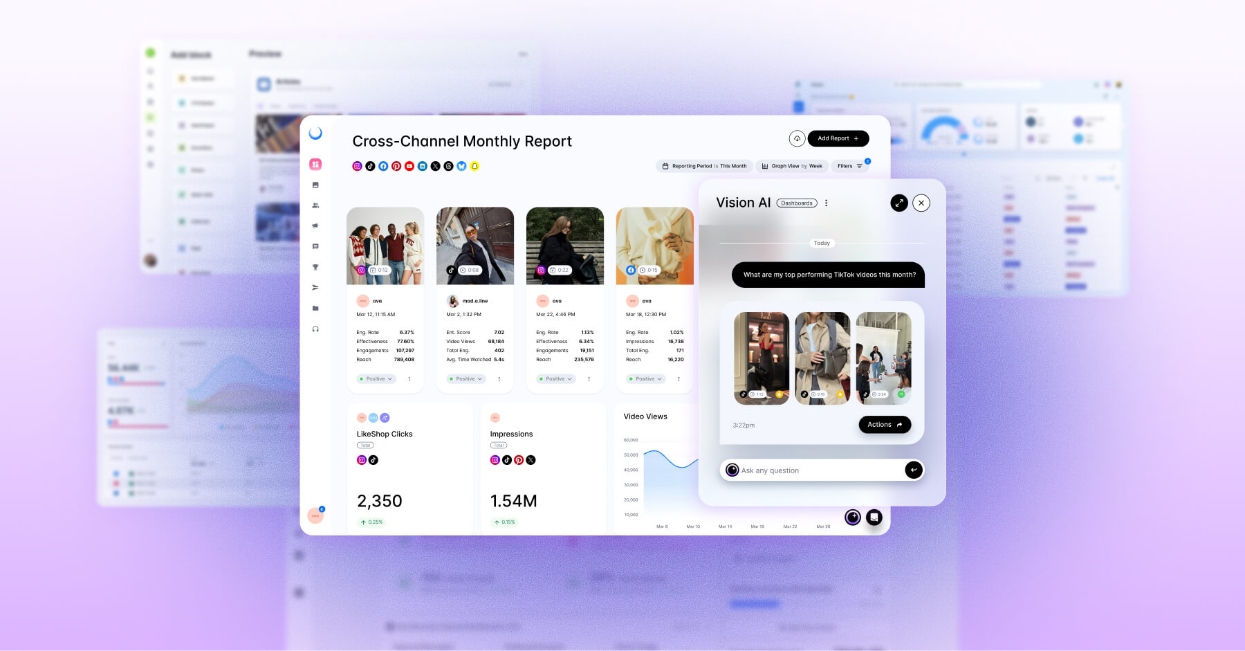 Dash Social dashboard showing cross-channel reporting for Khoros alternatives