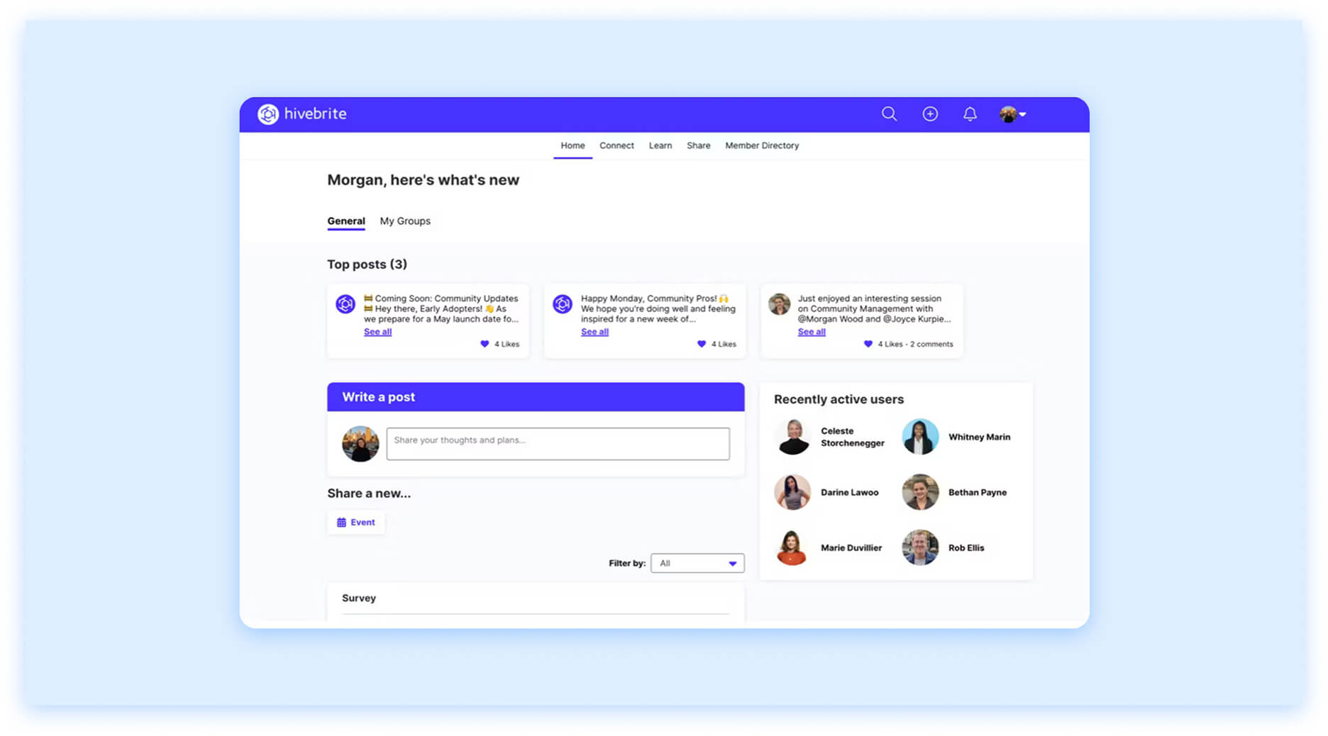 Hivebrite community feed with top posts, user list and post input field