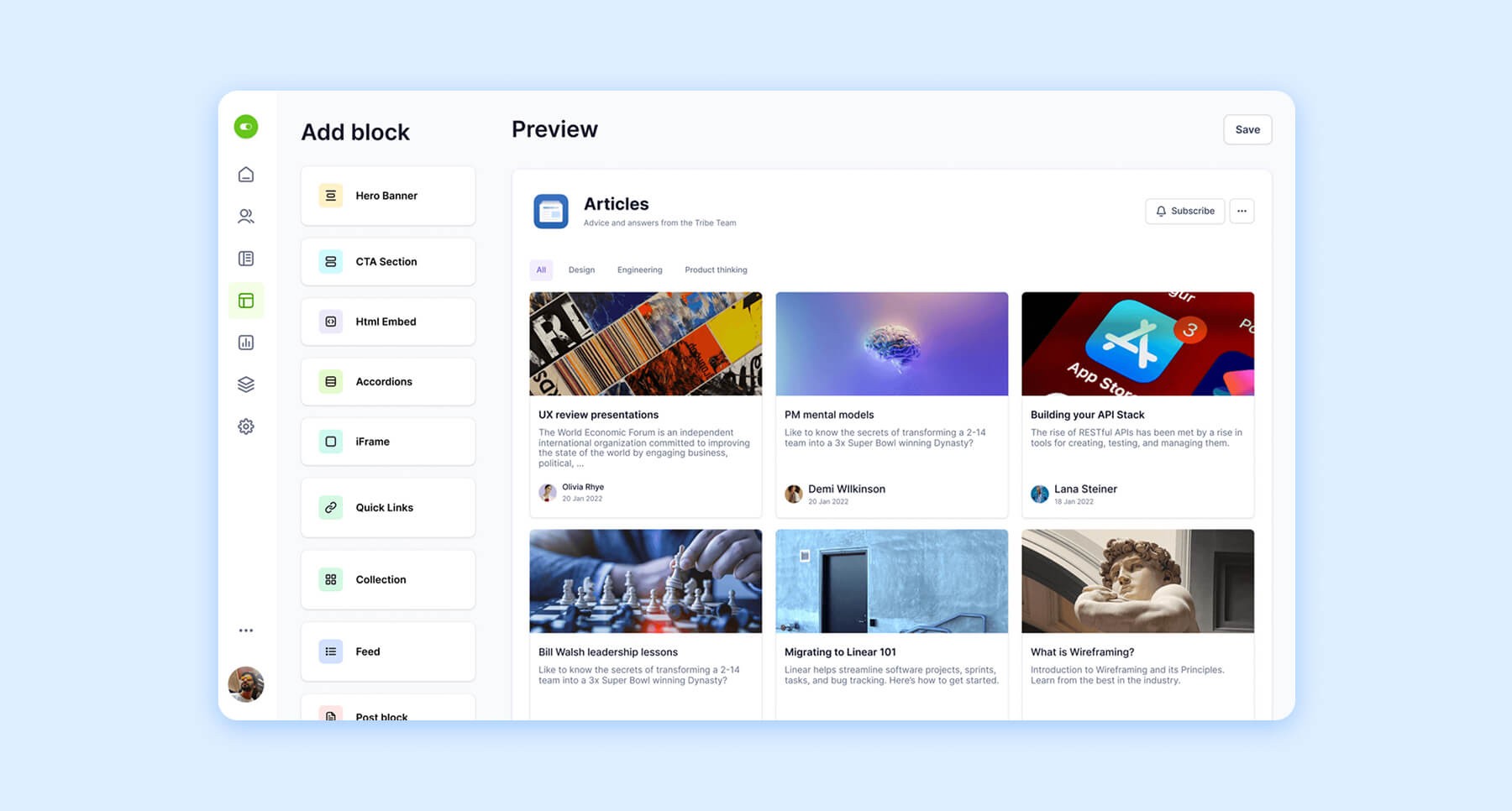 CMS interface with article content blocks and layout editing options in preview mode