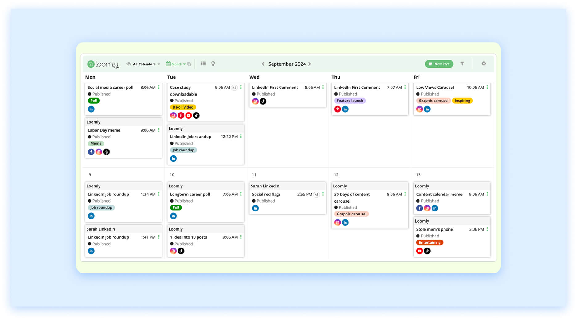 Loomly content calendar with scheduled posts across social platforms