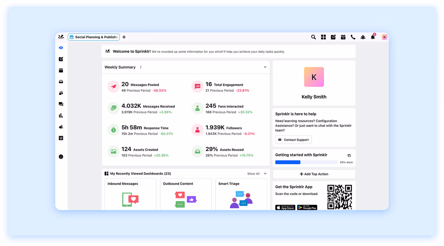 Sprinklr summary dashboard showing engagement metrics and weekly stats