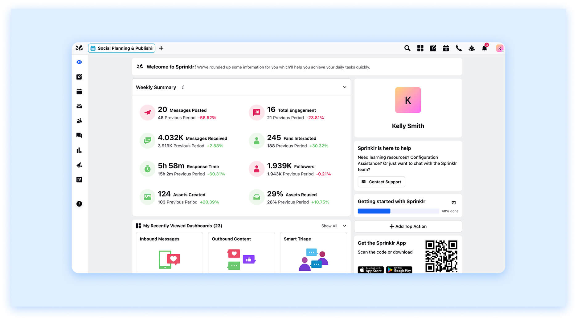 Sprinklr summary dashboard showing engagement metrics and weekly stats