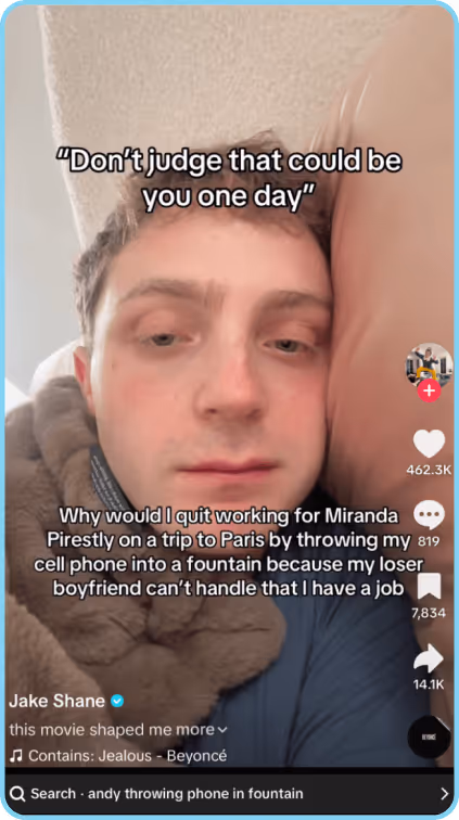 Man in robe lying down with dramatic expression and humorous caption overlay.