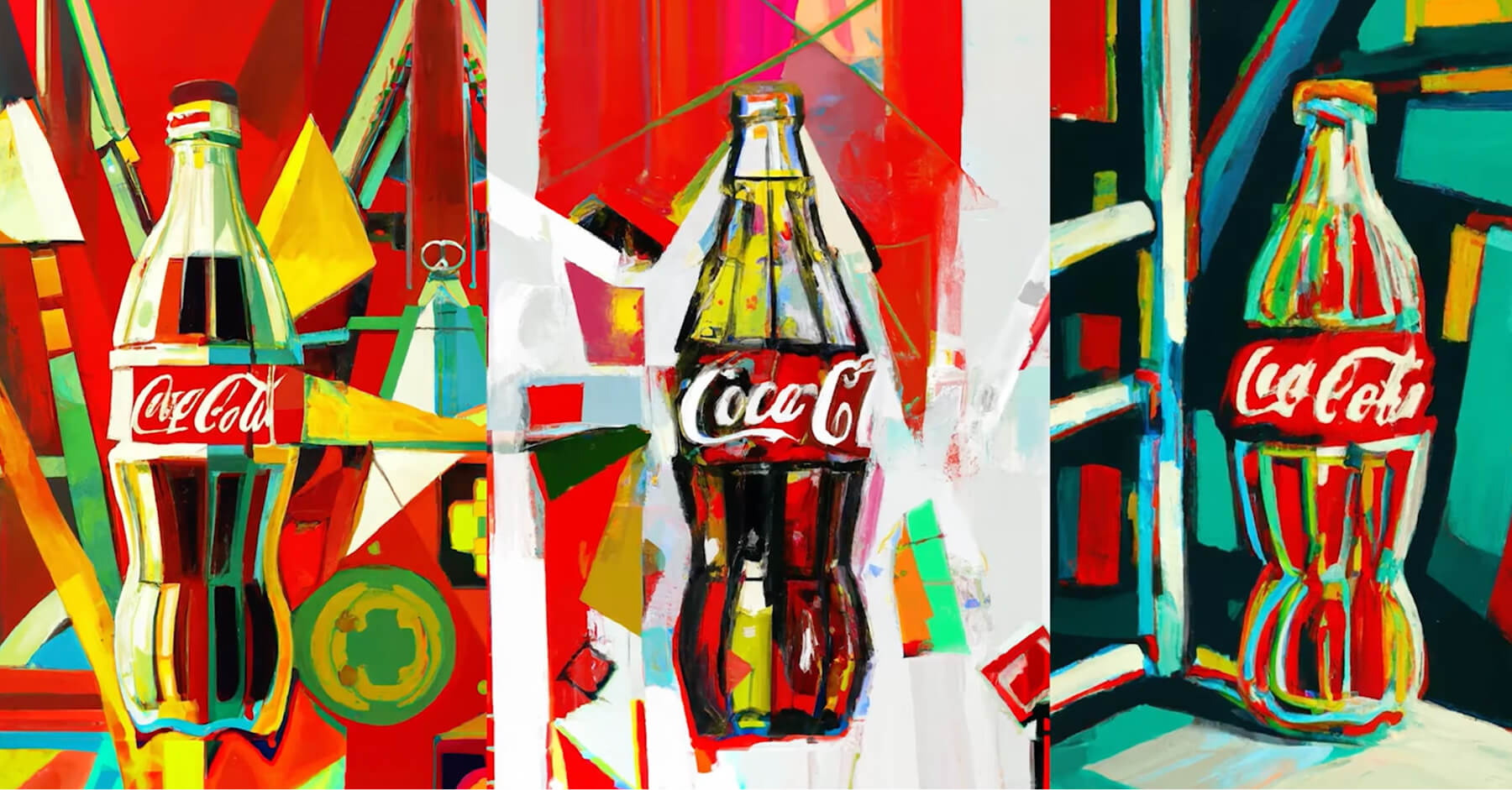 Abstract art of Coca-Cola bottles representing creativity in AI content creation.