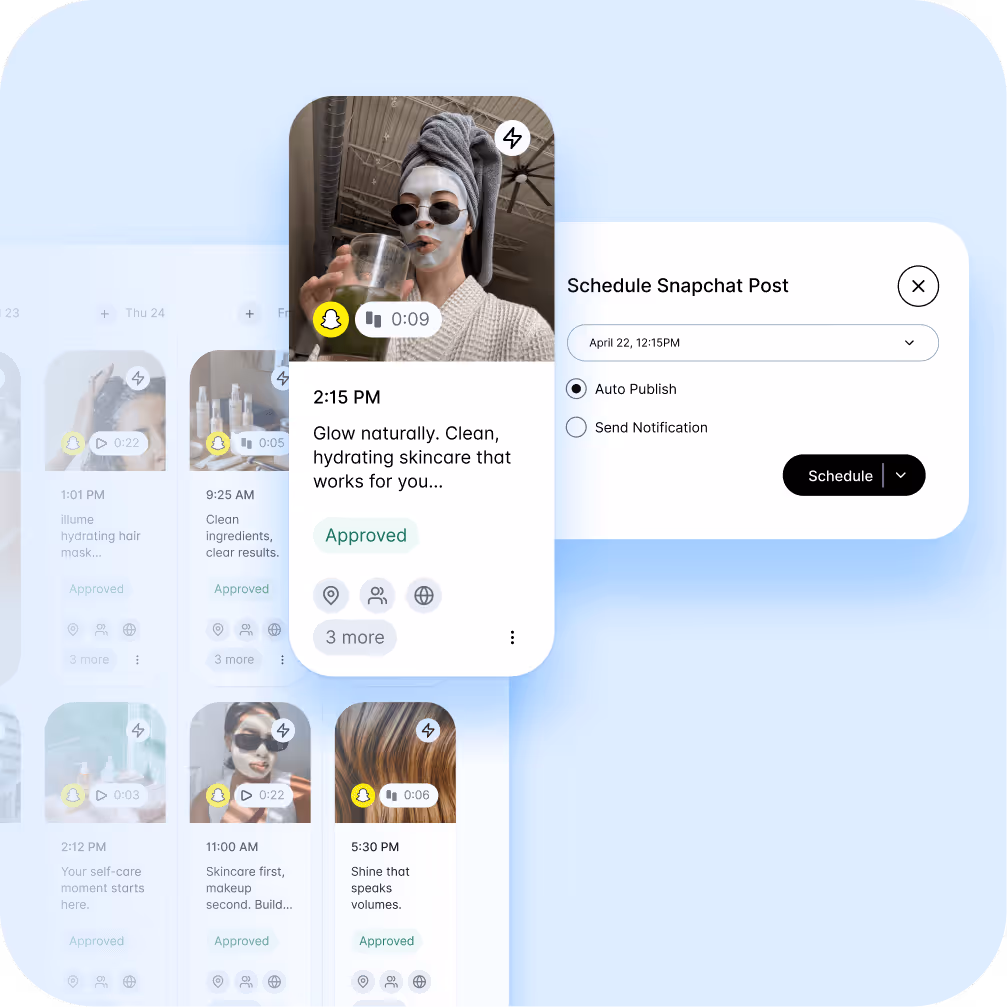 Scheduled Snapchat post of woman in towel drinking juice with auto-publish option selected