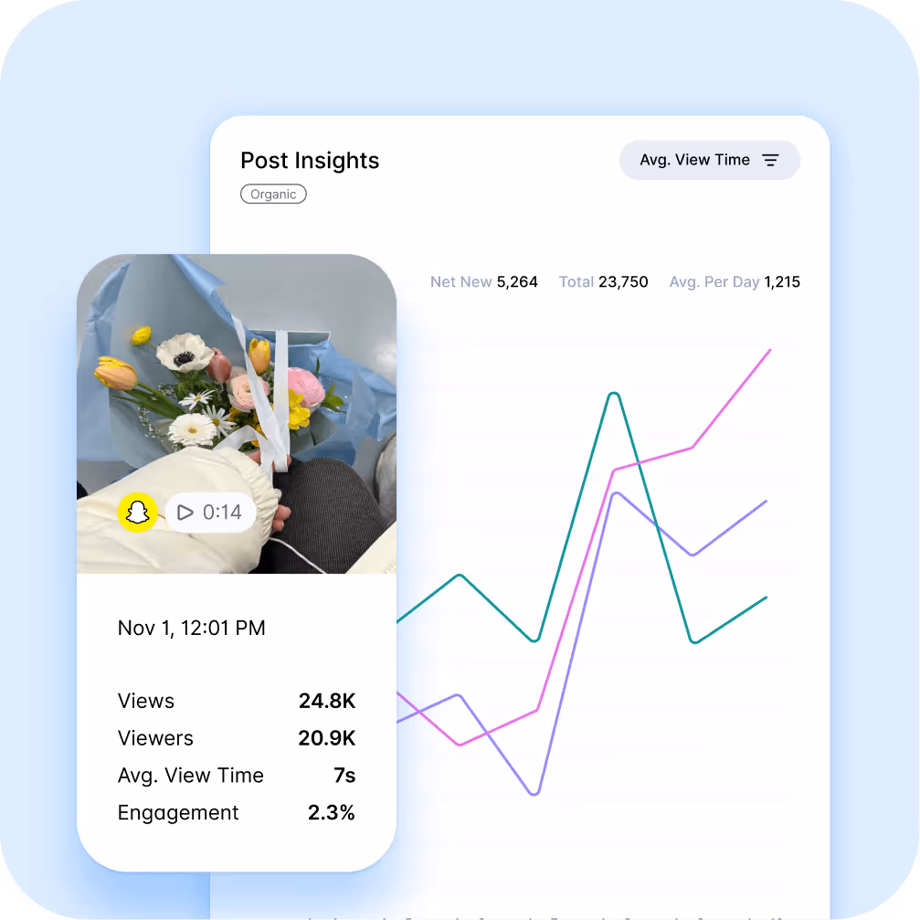 Snapchat post insights with video of bouquet and data on views, engagement, and view time