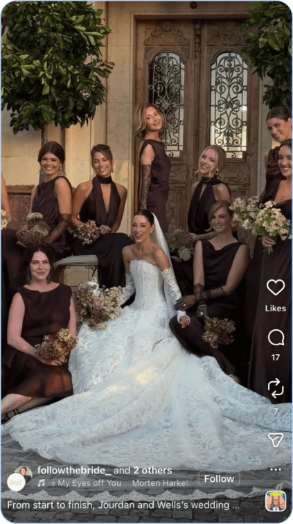 Bride in white gown surrounded by bridesmaids in dark dresses holding bouquets.