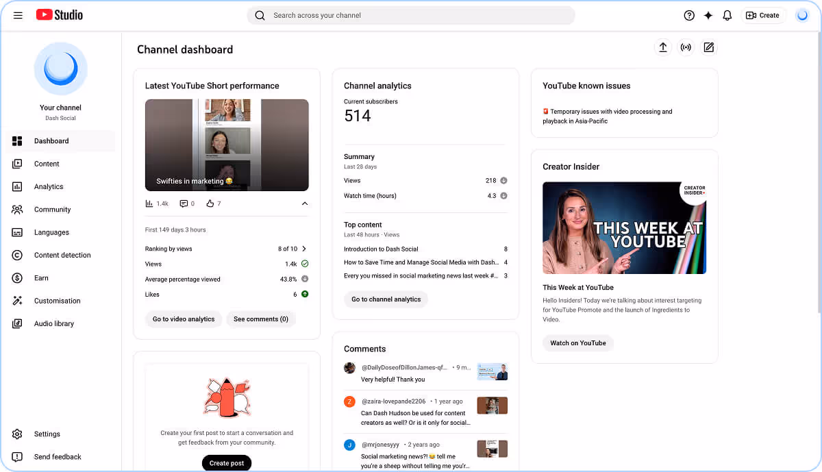 Youtube Studio platform dashboard overview showing channel insights.