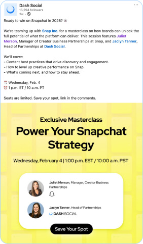 Dash Social LinkedIn post promoting Snapchat masterclass event