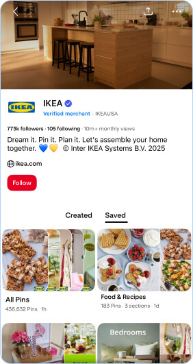IKEA Pinterest profile showcasing home decor and kitchen inspiration boards