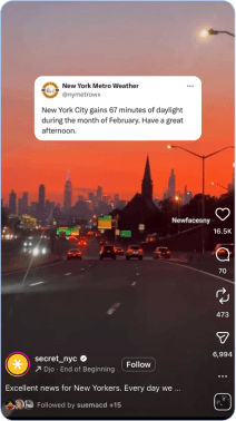 City skyline at sunset with highway traffic and social media overlay