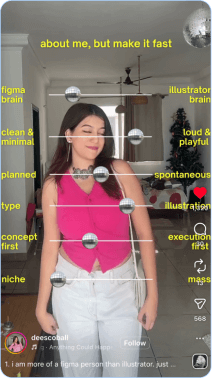 Woman in pink top with illustrated design labels overlay