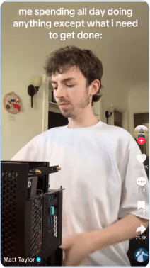 Man adjusting computer hardware with text about procrastinating tasks