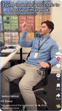 Office worker sipping drink with caption about gossip at work