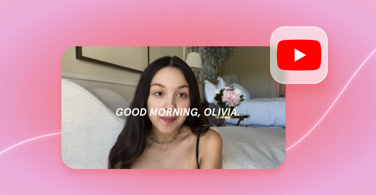 YouTube trends video thumbnail with Olivia Rodrigo GRWM and on-screen text overlay in home setting.