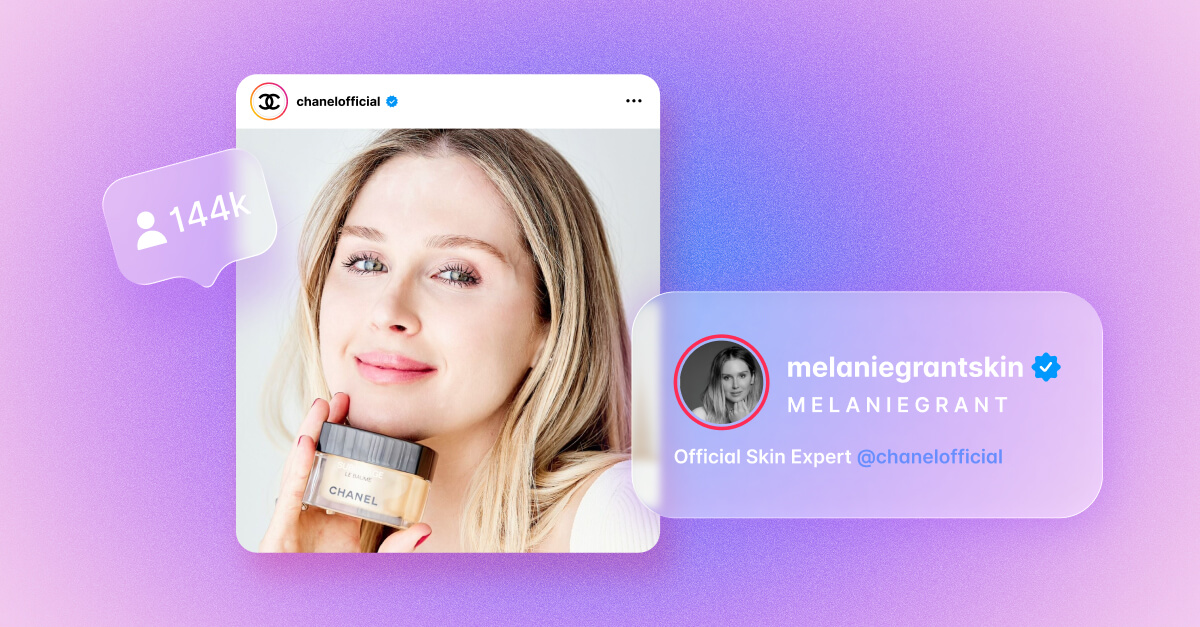 Brand ambassadors skincare post with Chanel product and influencer profile overlay