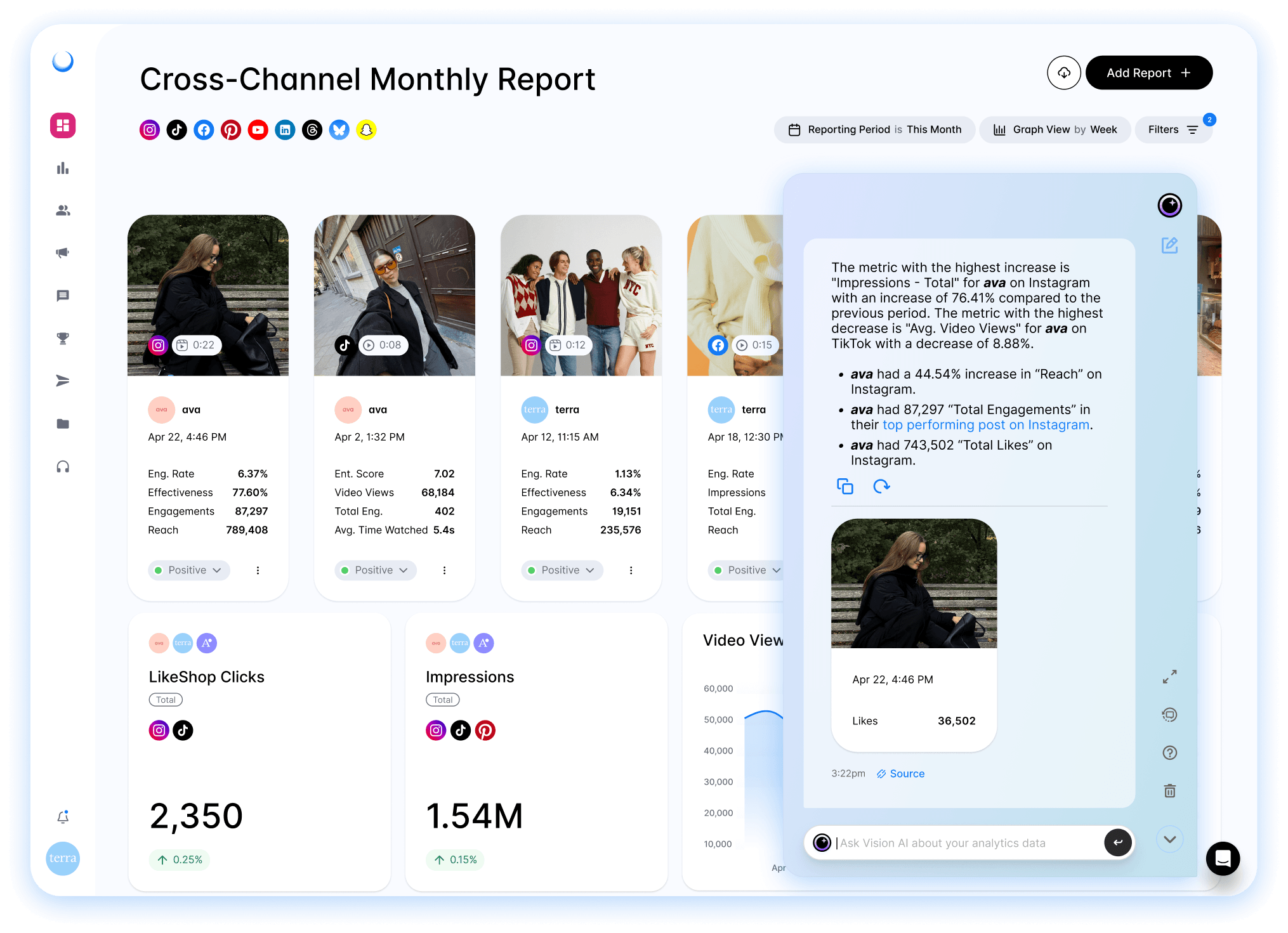 Social media dashboards on Dash Social showcasing top-performing posts, metrics, and analytics trends.