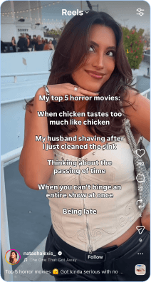Woman sharing humorous top five horror movie moments in outdoor setting