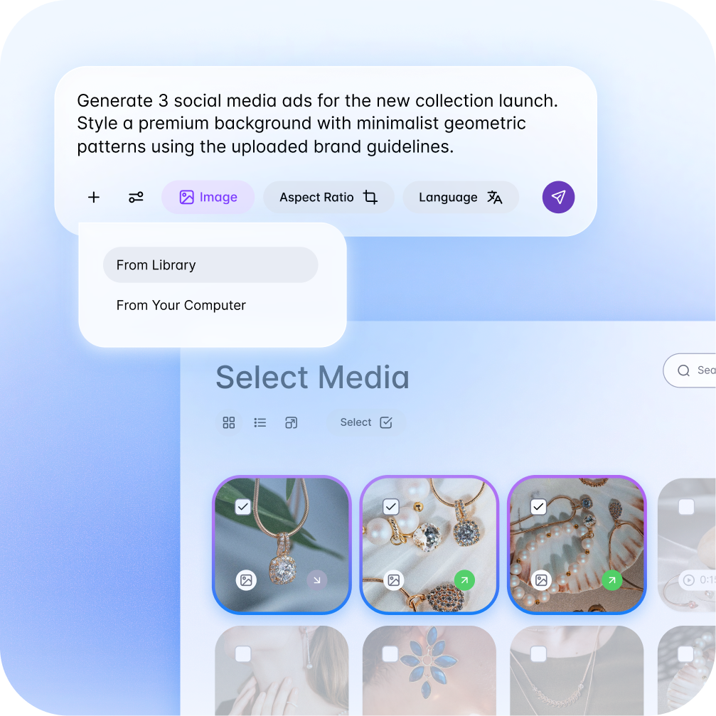AI ad generator selecting jewelry media from a content library
