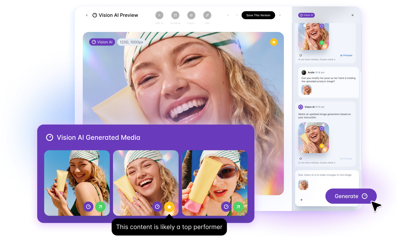 Dash Social generative AI for marketing workspace with Vision AI generated media.