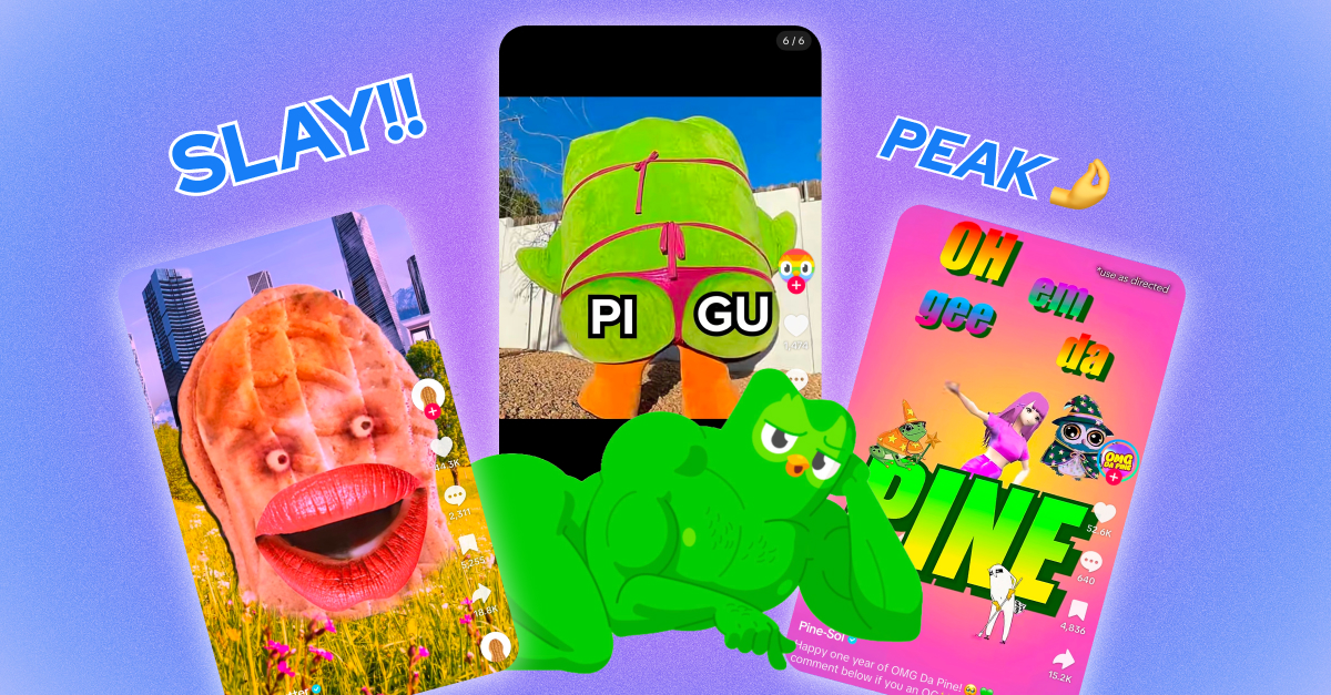 Colorful, absurd TikTok-style brand content examples, including surreal characters and meme text.