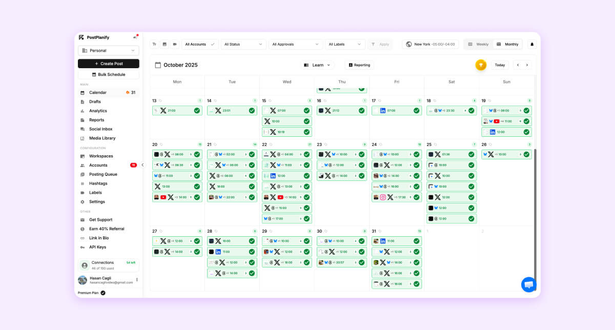 PostPlantify creator post calendar view across social platforms.