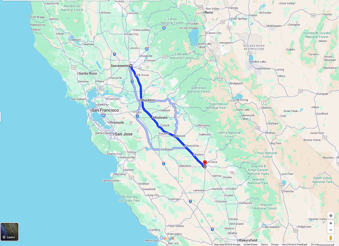 Sacramento, CA to Fresno, CA