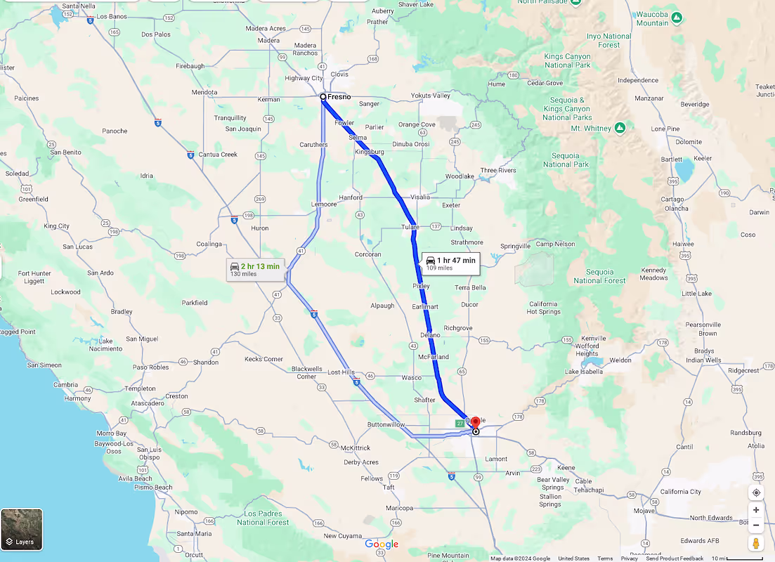 Fresno, CA to Bakersfield, CA
