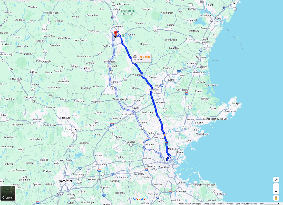 Cambridge, MA to Manchester, NH