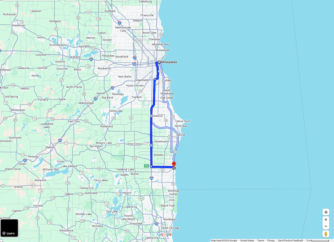 Milwaukee, WI to Kenosha, WI