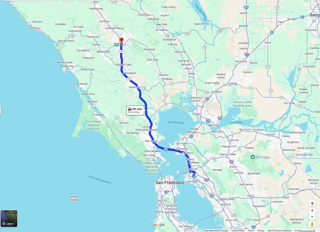 Oakland, CA to Santa Rosa, CA