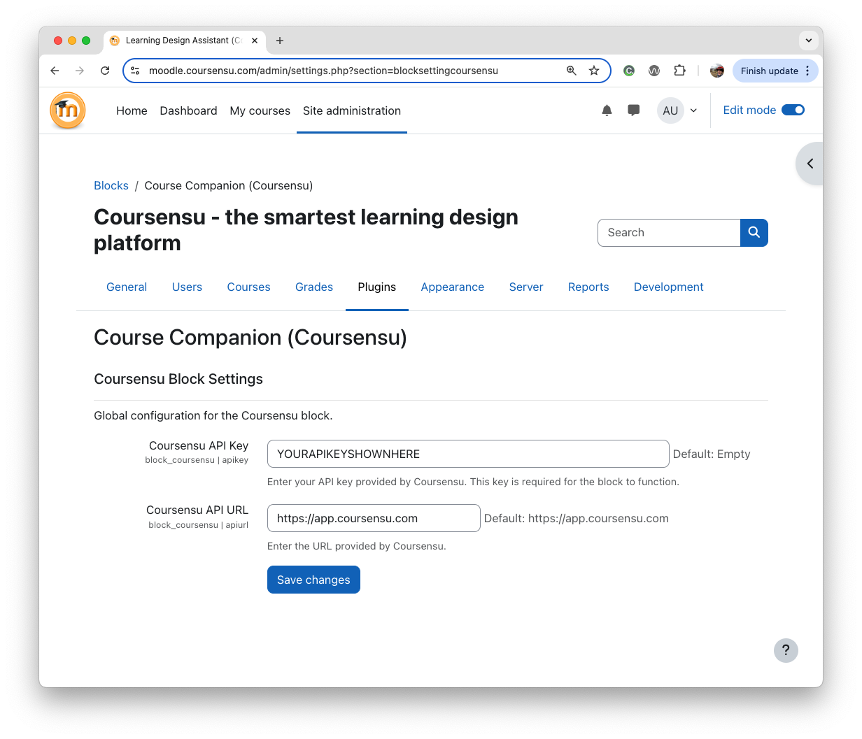 The Moodle settings page for the Coursensu block with the API key and URL fields