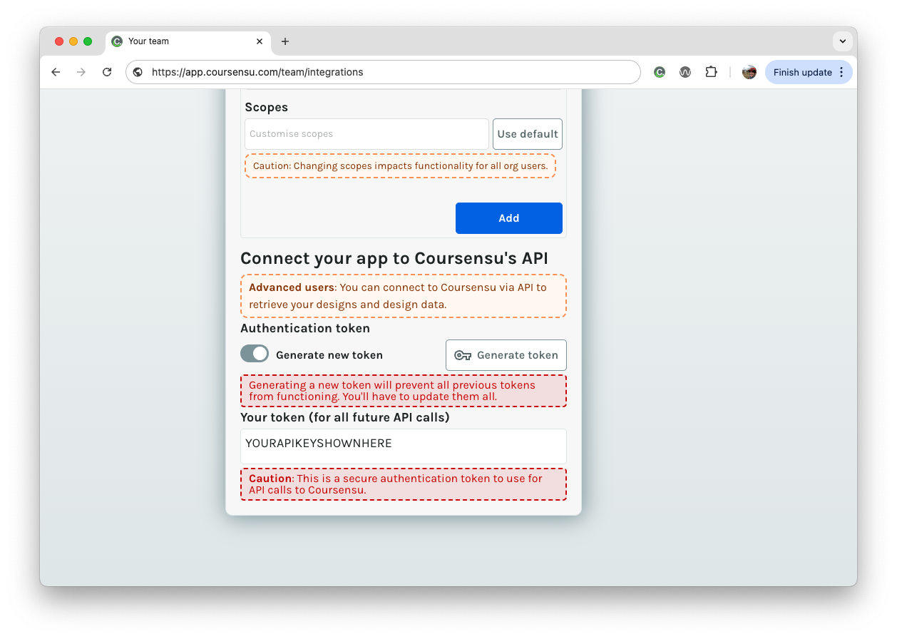 The Moodle integration section in Coursensu settings with the API key visible.
