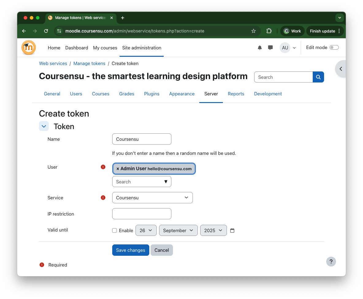 Setting up a new token for the web service user