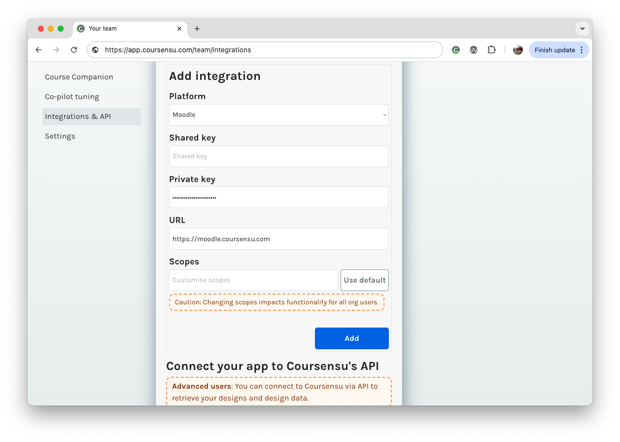 Adding Moodle integration to Coursensu