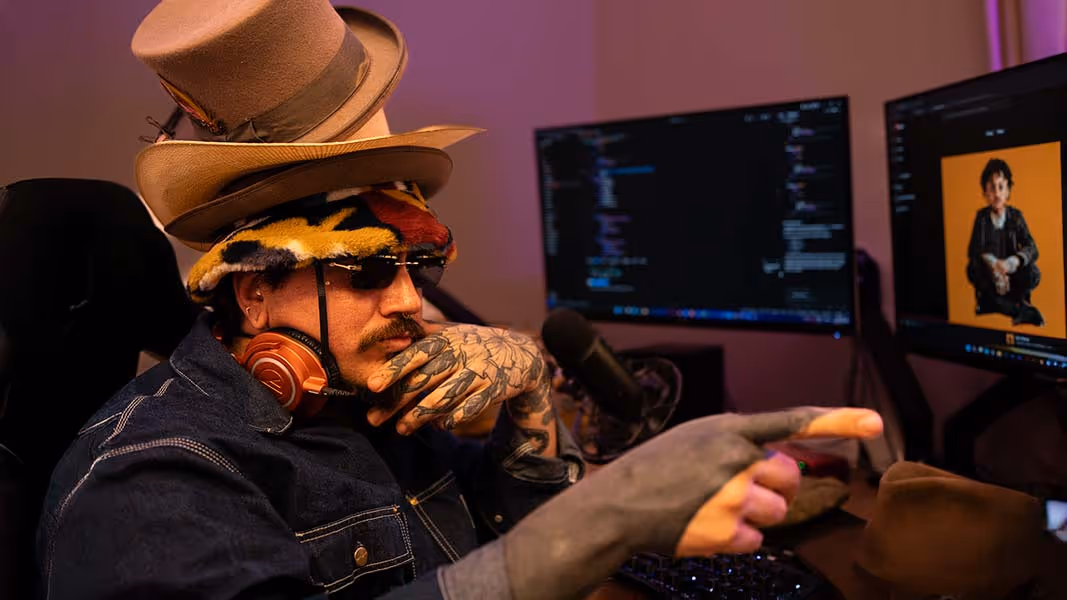 A man with a cowboy hat , a bucket hat, a fedora and other hats on his head.