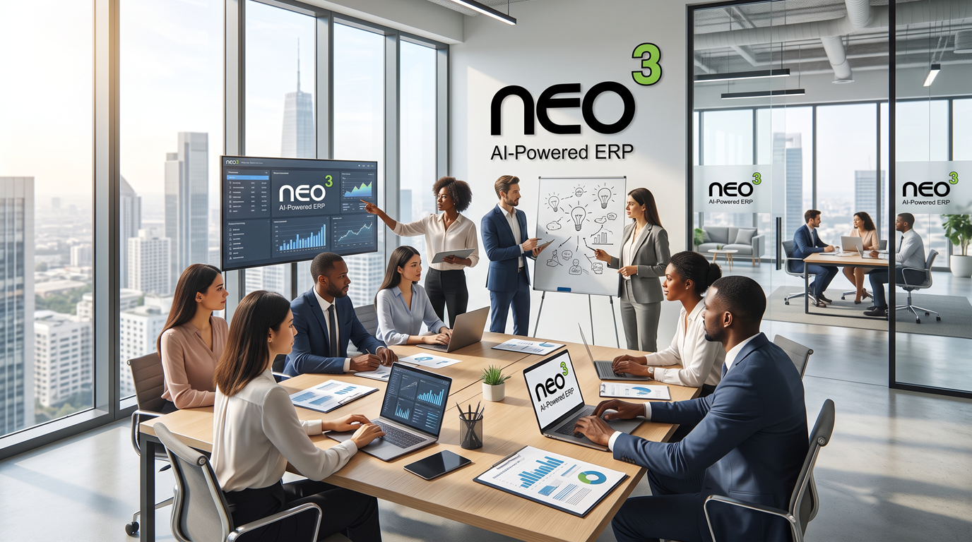 A NEO3 consulting team collaborating in a bright modern office