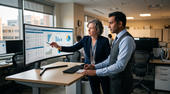 A healthcare administrator and finance colleague reviewing consolidated financial statements on screen