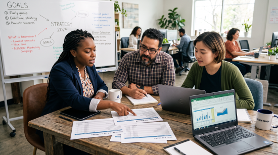Three colleagues reviewing nonprofit budget figures together around a table