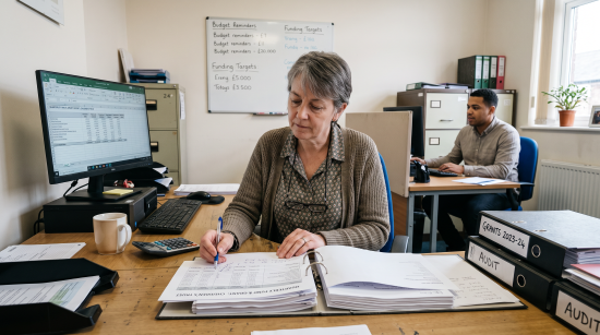 A nonprofit finance director reviewing fund and grant reports alongside a colleague