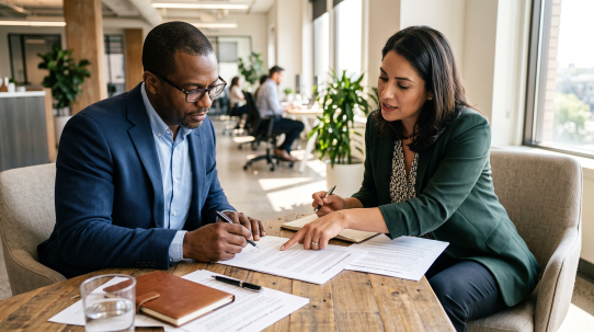Two people reviewing a printed implementation plan and timeline across a table